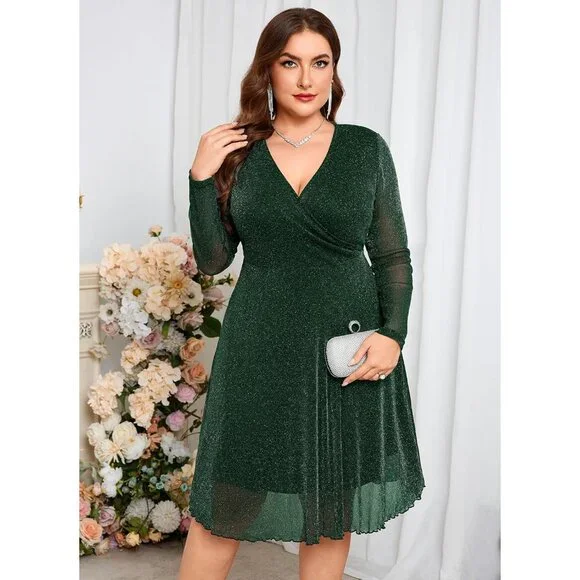 Plus Size Glitter Dress Sparkly Mesh Long Sleeve V Neck Wrap A Line
